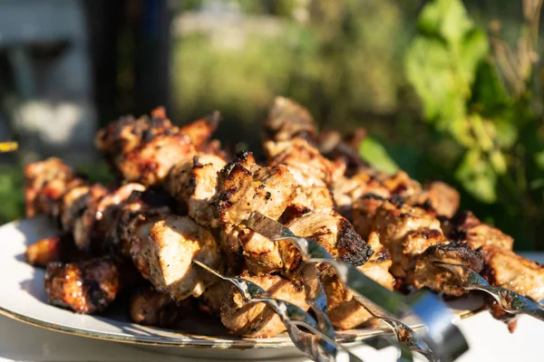 Churrasco no grelhador. Pedaços prontos de carne em espetos . — Fotografia de Stock