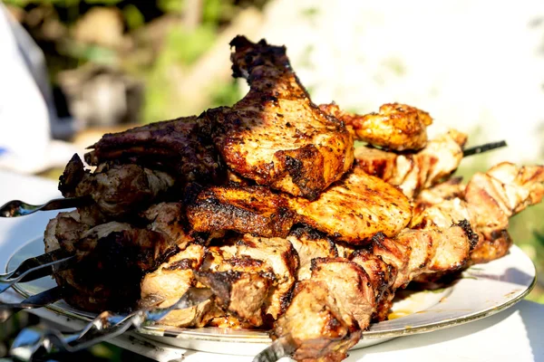 Churrasco no grelhador. Pedaços prontos de carne em espetos . — Fotografia de Stock