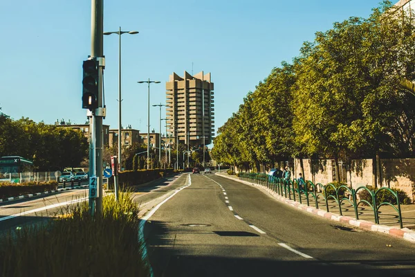 Estrada Cidade Longo Árvores Verdes Dia Ensolarado Fotografias De Stock Royalty-Free