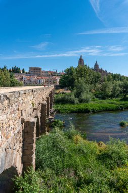 Tormes Nehri üzerindeki antik Roma köprüsünden İspanya 'nın Salamanca kentinin manzarası