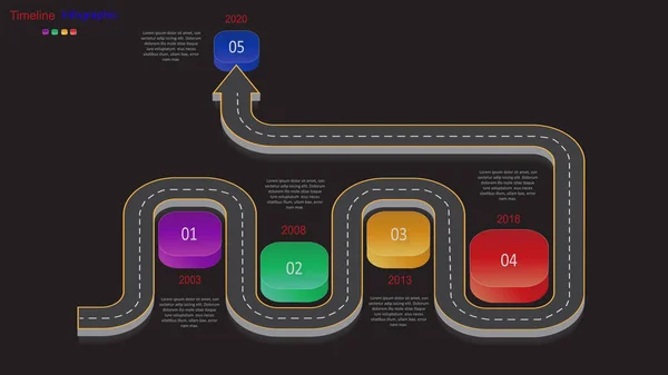 Abstract business infographics in de vorm van een auto weg met wegmarkeringen, markeringen, pictogrammen en tekst. EPS-10. — Stockvector