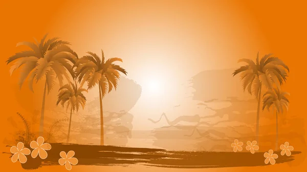 Vector landscape of palm trees on a background of abstract sky and sun. EPS 10.