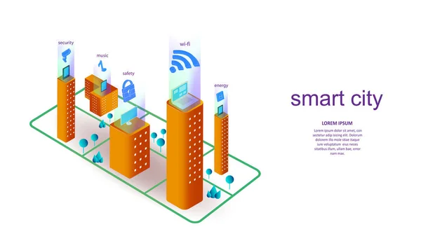 Egy intelligens város elemeit tartalmazó épület vektoros illusztrációja. Tudomány, futurisztikus, web, hálózati koncepció, kommunikáció, csúcstechnológia. EPS 10. — Stock Vector