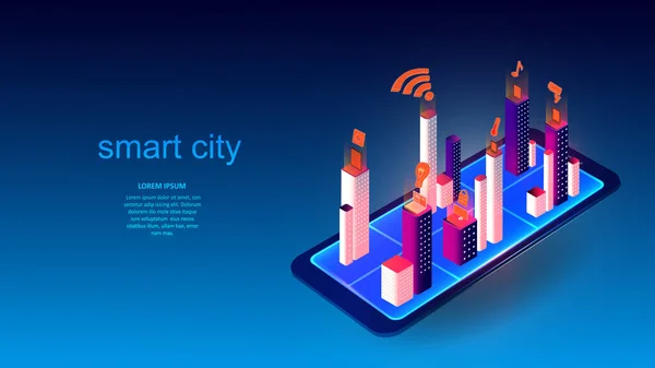 Egy intelligens város épületeit és elemeit tartalmazó mobiltelefon vektoros illusztrációja. Tudomány, futurisztikus, web, hálózati koncepció, kommunikáció, csúcstechnológia. EPS 10 — Stock Vector