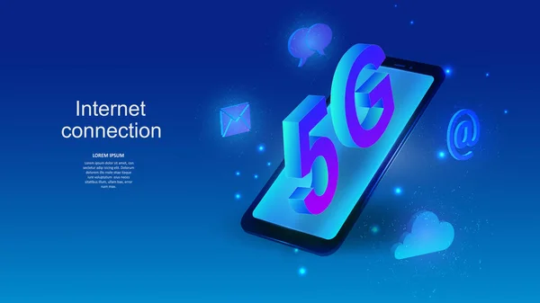 Ilustrasi vektor dari ponsel dengan tanda koneksi internet 5G. Ilmu pengetahuan, futuristik, web, jaringan konsep, komunikasi, teknologi tinggi. ESP 10 - Stok Vektor