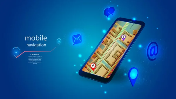 Mobil navigasyon uygulaması olan bir cep telefonunun vektör çizimi. Bilim, gelecekçi, ağ, ağ konsepti, iletişim, yüksek teknoloji. EPS 10.