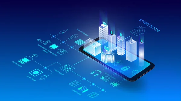 Akıllı bir şehrin binaları ve unsurları olan bir cep telefonunun vektör çizimi. Bilim, gelecekçi, ağ, ağ konsepti, iletişim, yüksek teknoloji. EPS 10
