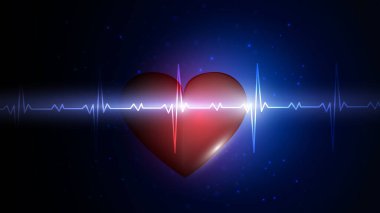 Parlayan kalp ritmi grafiğinin arka planında insan kalbinin vektör çizimi. İlaç, sağlık, kalp atışı, sağlıklı yaşam tarzı.