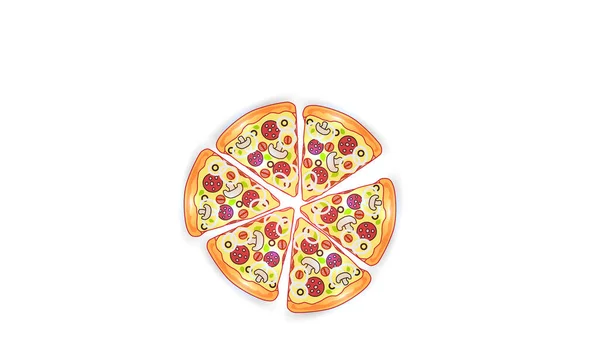 Beyaz izole edilmiş arka planda vektör fast food çizimi. Sosisli, mantarlı, soğanlı ve otlu pizza dilimleri. Sokak yemeği ya da kahvaltı. EPS 10.