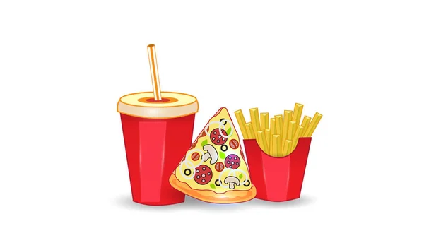 Vector fast food illustratie op witte geïsoleerde achtergrond. Pizza, friet en drank. Straat fast food lunch of ontbijt maaltijd set. EPS 10. — Stockvector