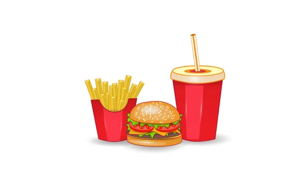 Vektorillustration von Fast Food auf weißem, isoliertem Hintergrund. Chisburger, Pommes und Getränk. Fast-Food-Mittag- oder Frühstücksbuffet. EPS 10. — Stockvektor