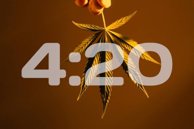 4:20 numaraları ile esrar yaprağı tutan parmaklar