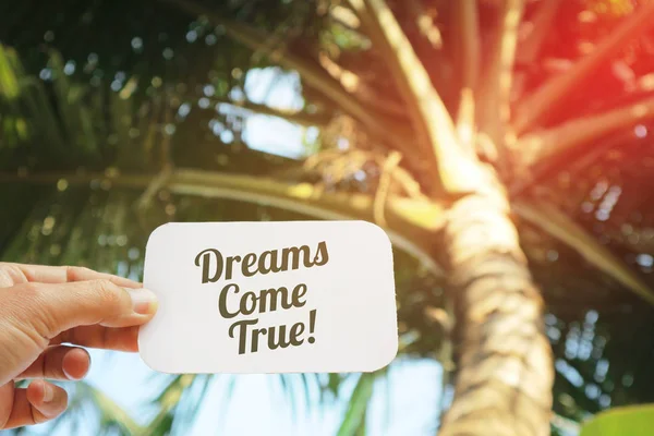 Hand Holding Card Dreams Come True Lettering Palms Background — Stock Photo, Image