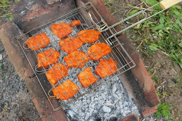 Frango Cozinhando Grade Sobre Brasas Cena Livre — Fotografia de Stock