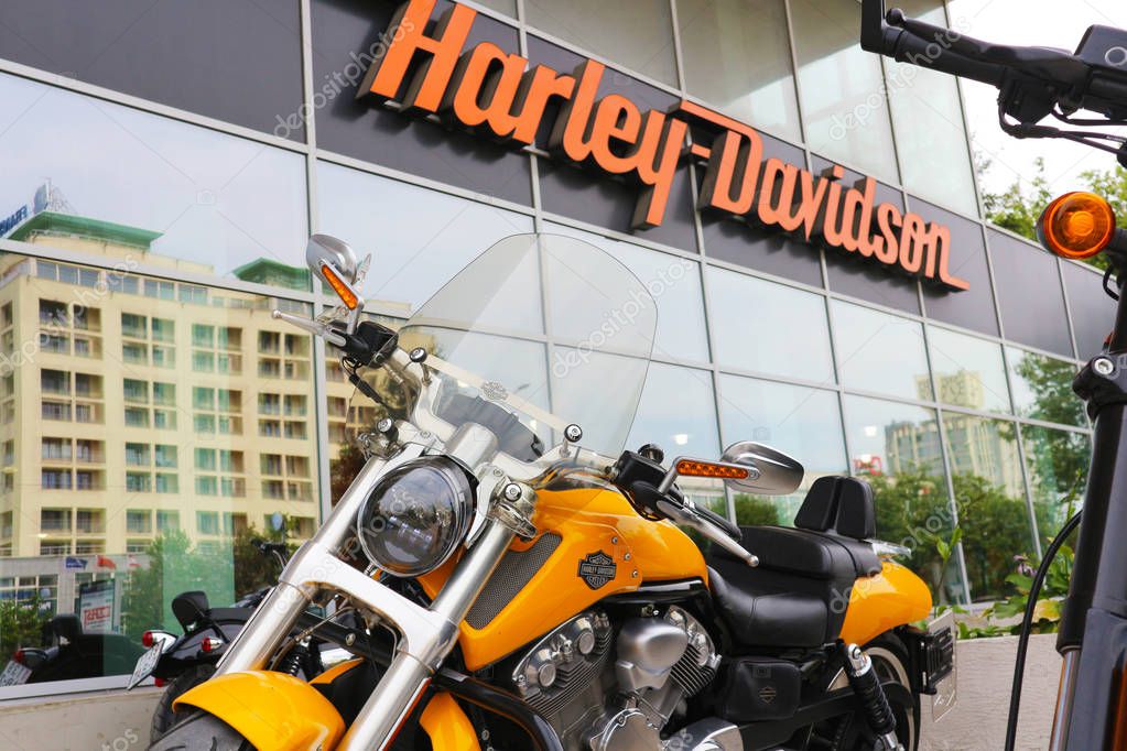 Motorcycles near the salon Harley-Davidson. American motorcycle manufacturer and certified supplier of military products for the US Armed Forces. Belarus, Minsk, June 28, 2018