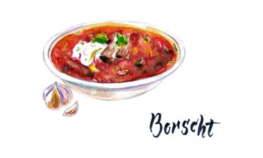 Suluboya Pancar çorbası. Elle çizilmiş vektör suluboya borsch sarımsaklı, Pancar çorbası ekşi krema ile. Ukraynalı mutfağı. Ulusal çanak.