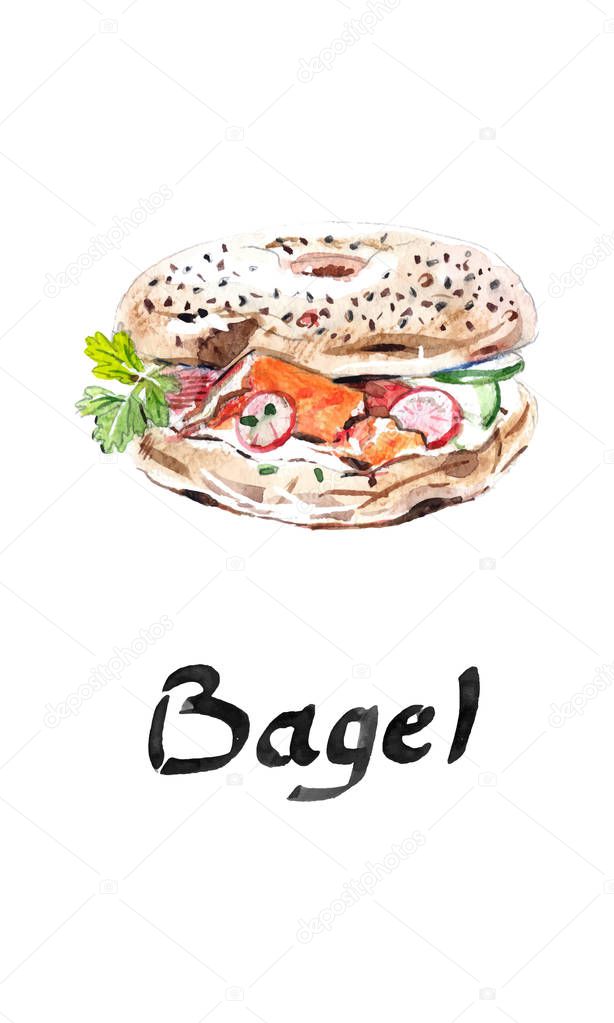 Bagel bakery, flour product beygl, beigel, baigiel, fast food american bagel, with ham, tomatoes, onions, salad leaves and cheese - hand drawn vector watercolor illustration