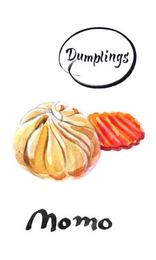 Nepal geleneksel hamur tatlısı momo ve havuç, suluboya vektör çizim parçası
