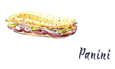 Panini grilled sandwich, watercolor vector illustration with calligraphy clipart