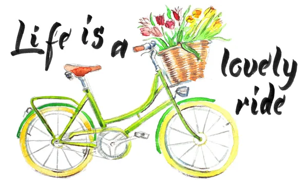 Lettering Vita Una Bella Corsa Bicicletta Verde Chiaro Con Cesto — Vettoriale Stock
