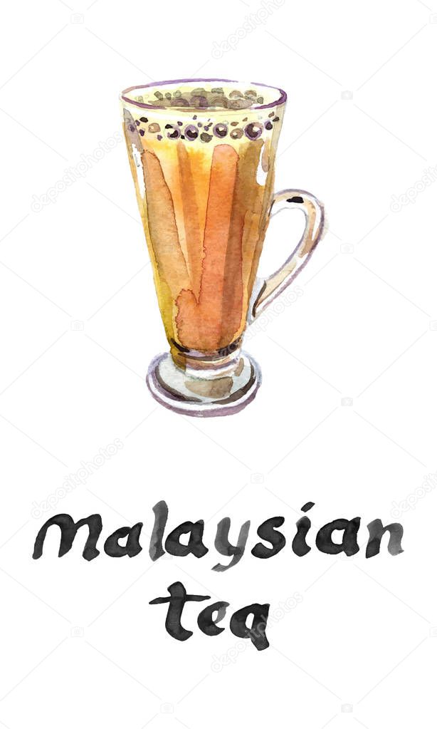 Tea with milk or popularly known as Teh Tarik in Malaysia, watercolor vector illustration