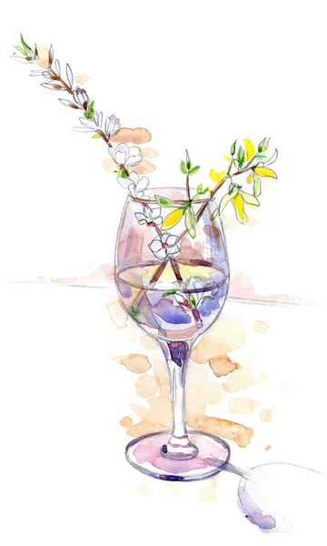 Blühende Rosa Kirsche Und Gelbe Forsizienblüten Glas Aquarell Botanische Illustration — Stockfoto