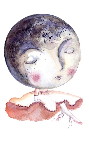 Cartoon Sitzender Mond Rosa Kleid Wie Ballerina Aquarell Kinderillustration — Stockfoto