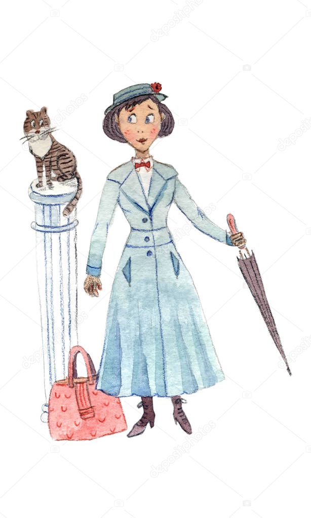 Cartoon Illustration of baby sitter with umbrella, suitcase and cat on a column - illustration by pencils and watercolor