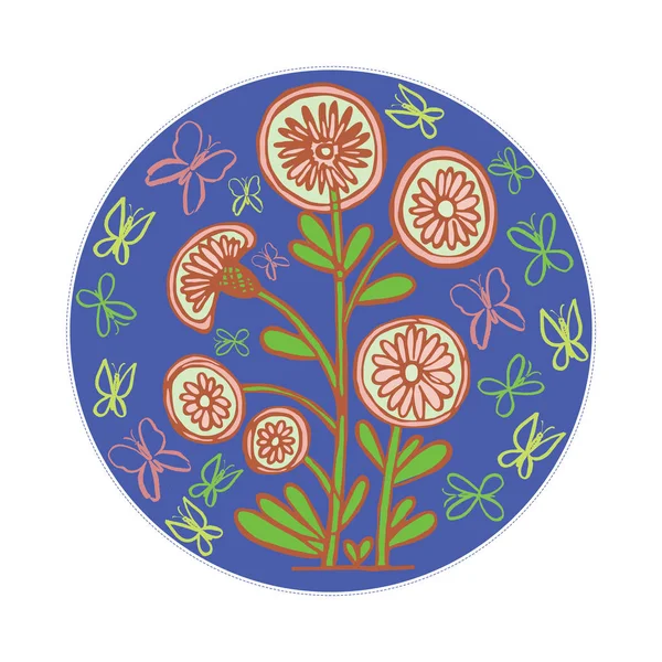 Цветные декоративные цветы по кругу, нарисованные вручную - векторная иллюстрация — стоковый вектор