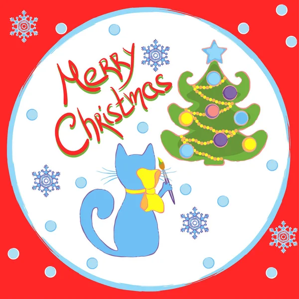 Blaue Katze Zeichnet Einen Weihnachtsbaum Frohe Weihnachten Vektorillustration — Stockvektor