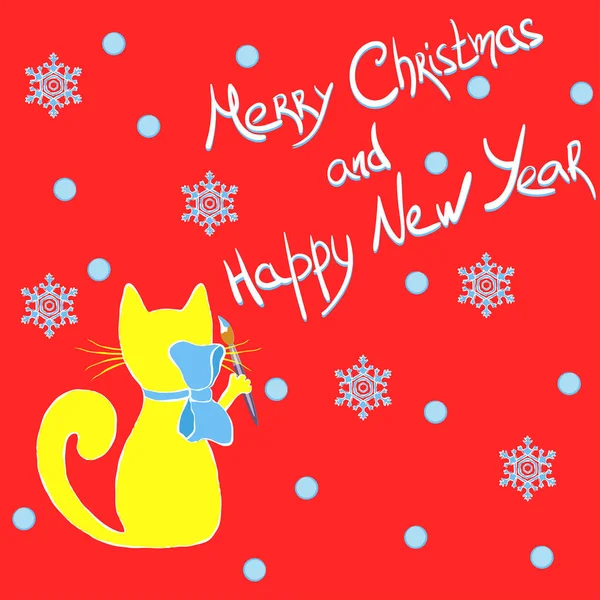Gelbe Katze Schreibt Frohe Weihnachten Und Ein Gutes Neues Jahr — Stockvektor