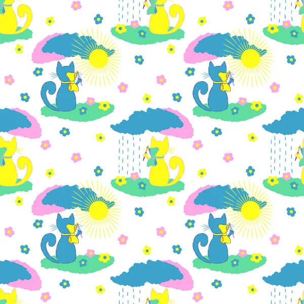 Kedi gökyüzü ve güneş çizer. Vektör seamless modeli