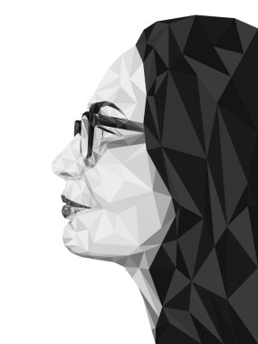 Low poly abstract portrait in profile of a woman wearing glasses. Polygonal. Black and white portrait. Vector illustration clipart