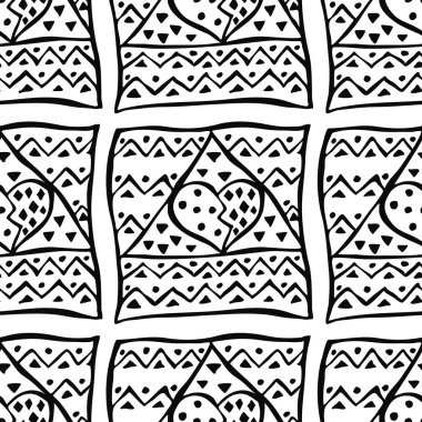 Etno tarzı, elle çizilmiş, kalp görüntü ile Seamless modeli. Vektör çizim