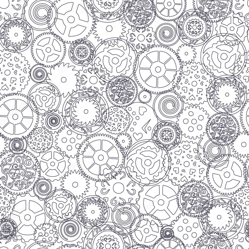 Seamless pattern. Gears in the Victorian style, hand drawn. Vector illustration