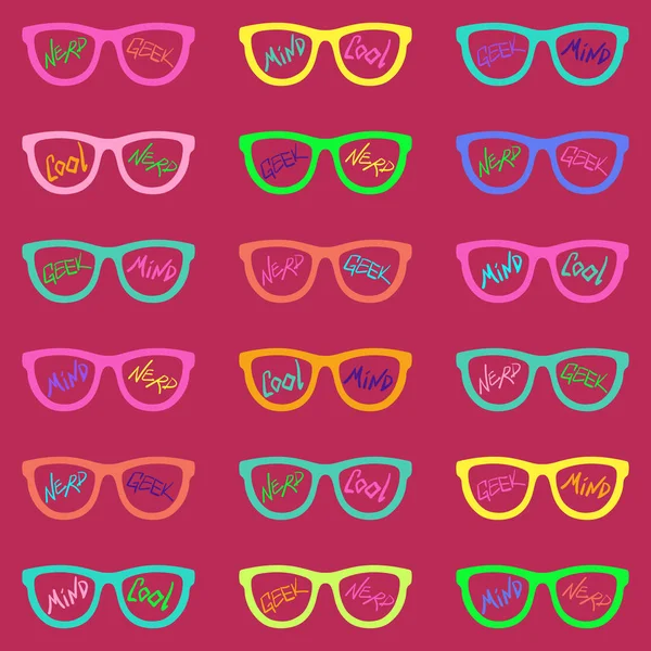 Set Eyeglasses Inscriptions Nerd Cool Mind Geek Seamless Pattern Glasses — Stock Vector