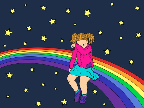 Üzgün çocuk gökkuşağının üzerinde. Kırgın, üzgün ve ağlayan kız. Vektör çizim
