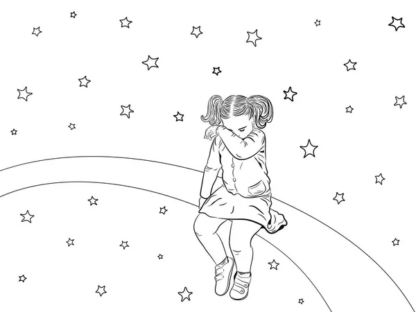 Üzgün çocuk. Kız rahatsız, üzgün ve ağlıyordu. Vektör Illustration