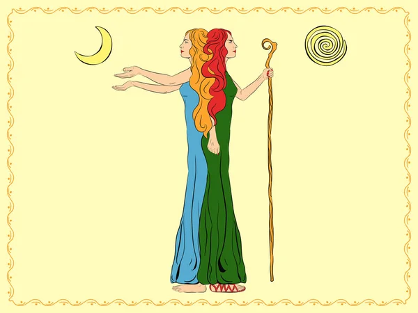 İki yüzlü Janus suretindeki kadınlar. Sopası olan bir kadın. Kollarını açmış bir kadın. Vektör illüstrasyonu