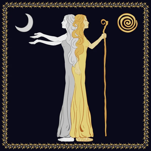 İki yüzlü Janus suretindeki kadınlar. Sopası olan bir kadın. Kollarını açmış bir kadın. Vektör illüstrasyonu