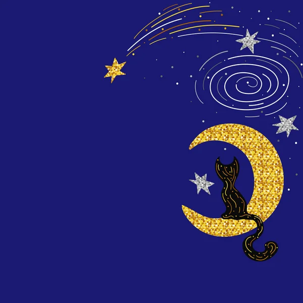 Chat Noir Sur Une Lune Dorée Étoiles Argentées Abstraction Illustration — Image vectorielle