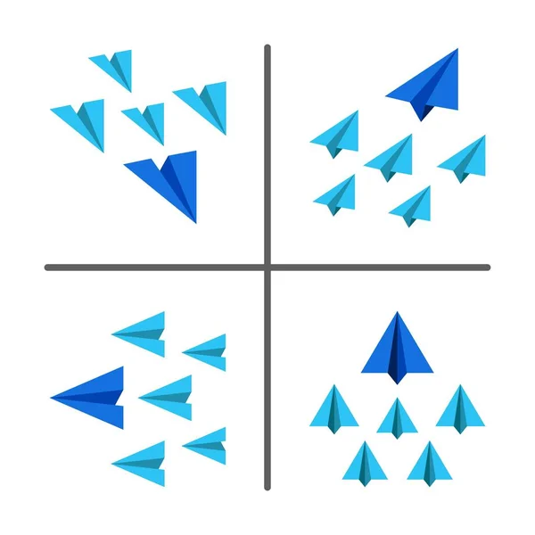 Mavi Açık Mavi Kağıt Uçak Aynı Şekilde Uçan Liderlik Kavramı — Stok Vektör
