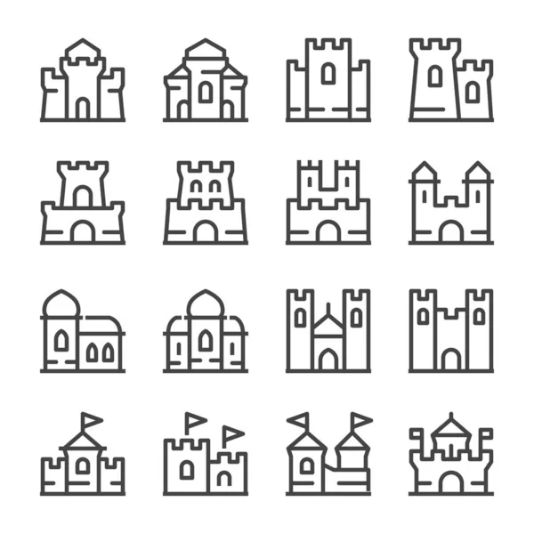 Kasteel Citadel Dunne Lijn Icon Set Vector Illustratie — Stockvector