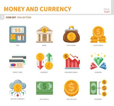 para ve para birimi simgesi seti, düz biçim, vektör ve illüstrasyon