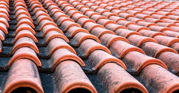 Shaded clay tiles on the roof of a house. Roof repair concept