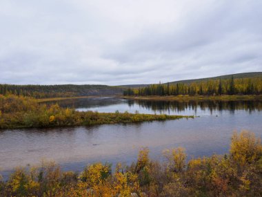Sonbahar yağmurlu günlerinde orman gölü ile panoramik manzara