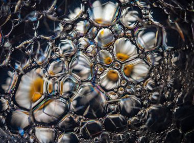 Arka plan, su yüzeyinde köpük sabun. Güzel ve renkli makro