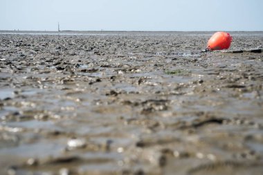 ebb (düşük tide) kırmızı plaj işareti ile Slicky kumsalda
