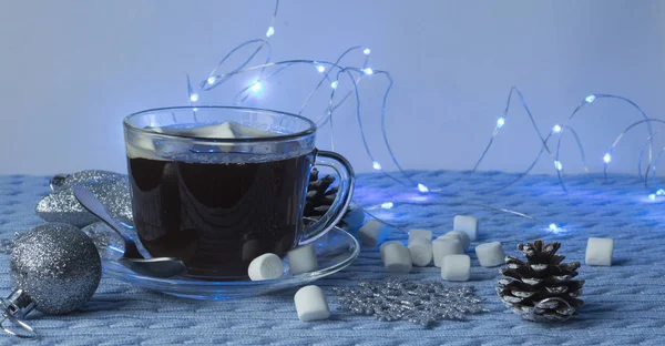 Cup Hot Coffee Marshmallow Blue Textile Background Christmas Blue Lights — Stock Photo, Image
