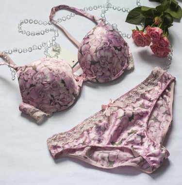 Güzel hassas iç çamaşırı, Külot ve sutyen narin gül desenli beyaz arka plan üzerinde